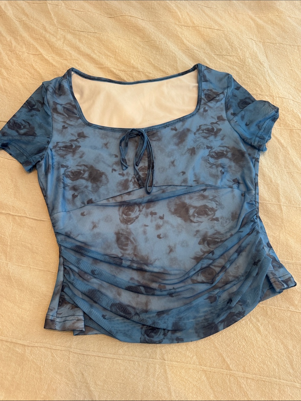 Blue Floral Mesh Tie-Front Women's Top